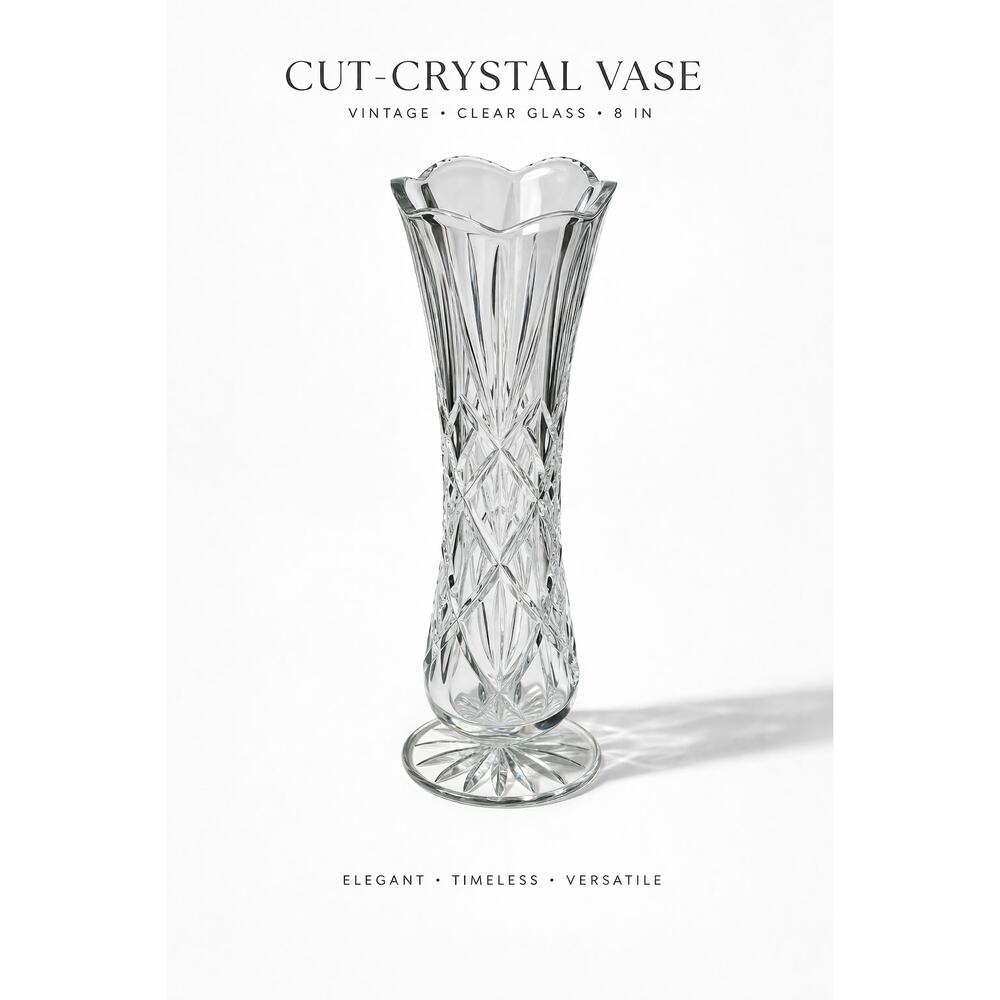 Cut Crystal Vase Clear Glass Flared Rim Starburst Base Vintage Style 8 Inch